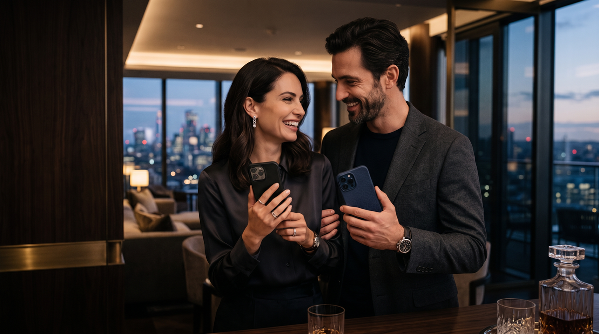 Couple holding smartphones in slim VellureCase phone cases in an elegant lounge at dusk