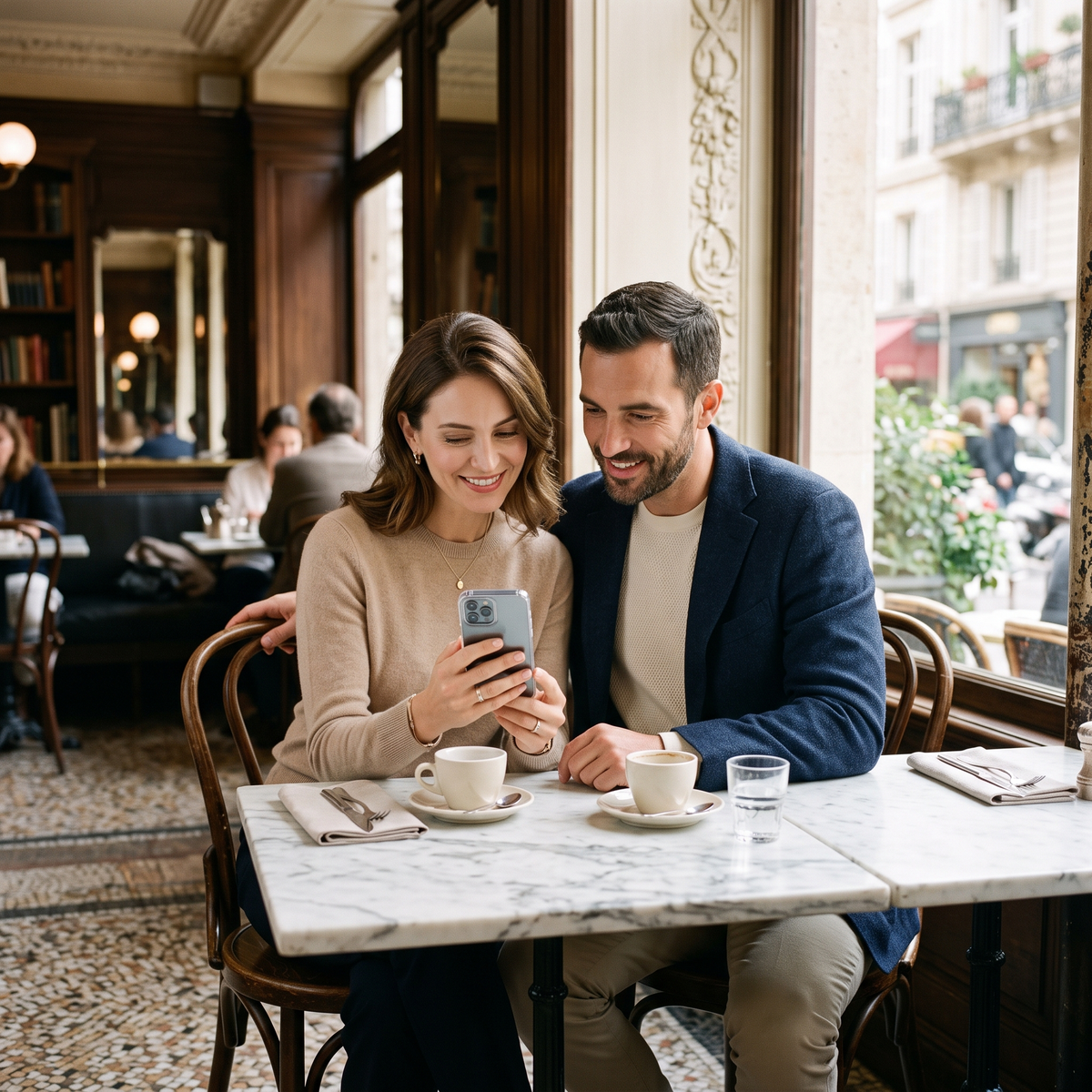 Couple at a cafe table looking at a smartphone in a slim clear case